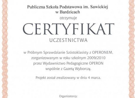 Powiększ obraz: Certyfikat uczestnictwa 2009/2010